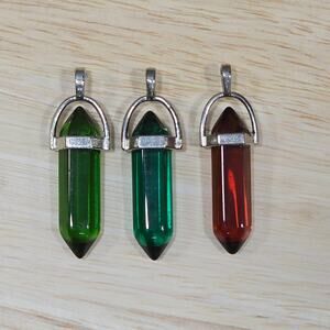 Lot of 3 Hexagonal Crystal Amulet Pendant Silver Tone Amber Brown Teal Green